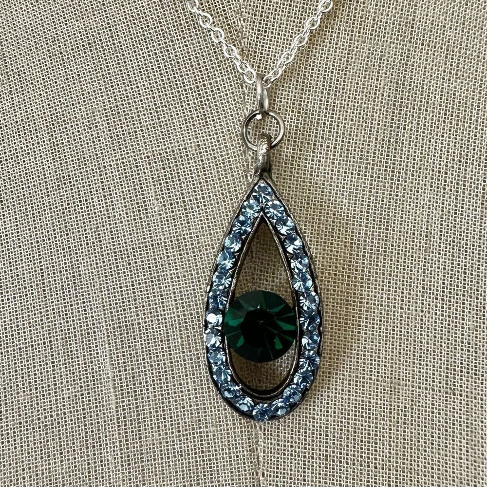 Blue and green rhinestone pendant necklace